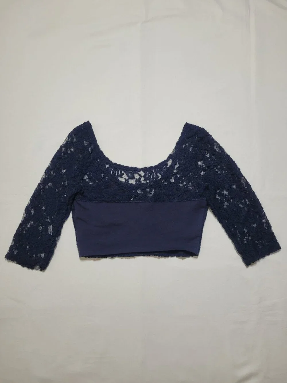 Abercrombie & Fitch Lace Crop Top 3/4 Sleeve Sheer Floral Mesh Blouse Navy Blue